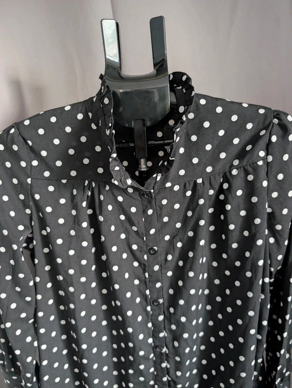 Voyelles Blouse S Black Polka Dot Ruffle High Neck Button Shirt Tunic Top