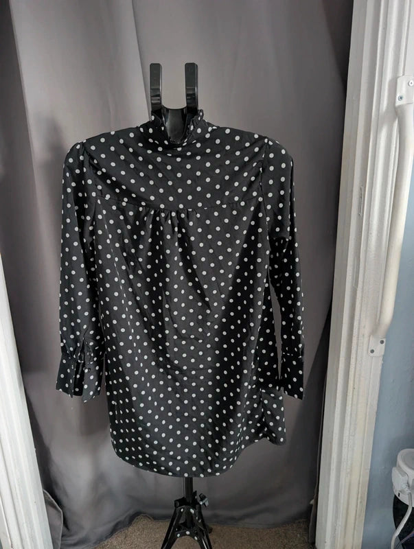 Voyelles Blouse S Black Polka Dot Ruffle High Neck Button Shirt Tunic Top
