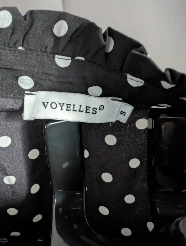 Voyelles Blouse S Black Polka Dot Ruffle High Neck Button Shirt Tunic Top