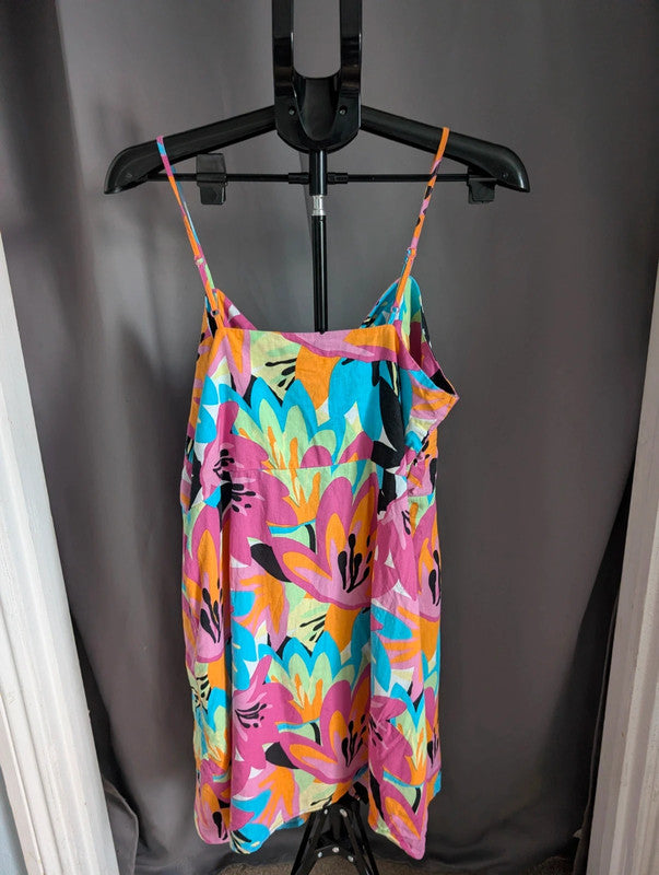 Tu Dress 18 Pink Linen Blend Tropical Floral Tie Front Summer Sundress Holiday