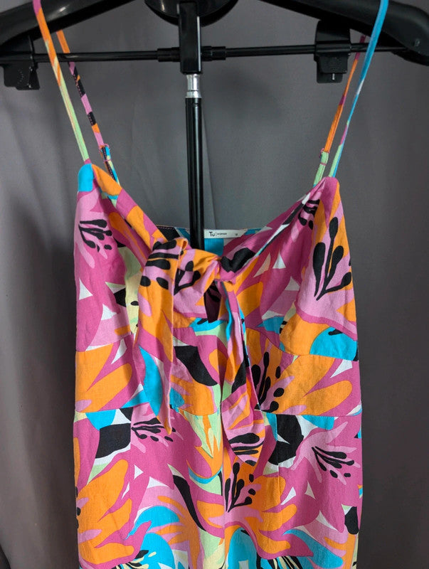 Tu Dress 18 Pink Linen Blend Tropical Floral Tie Front Summer Sundress Holiday