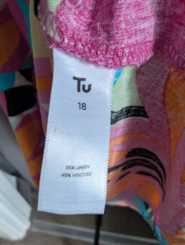 Tu Dress 18 Pink Linen Blend Tropical Floral Tie Front Summer Sundress Holiday