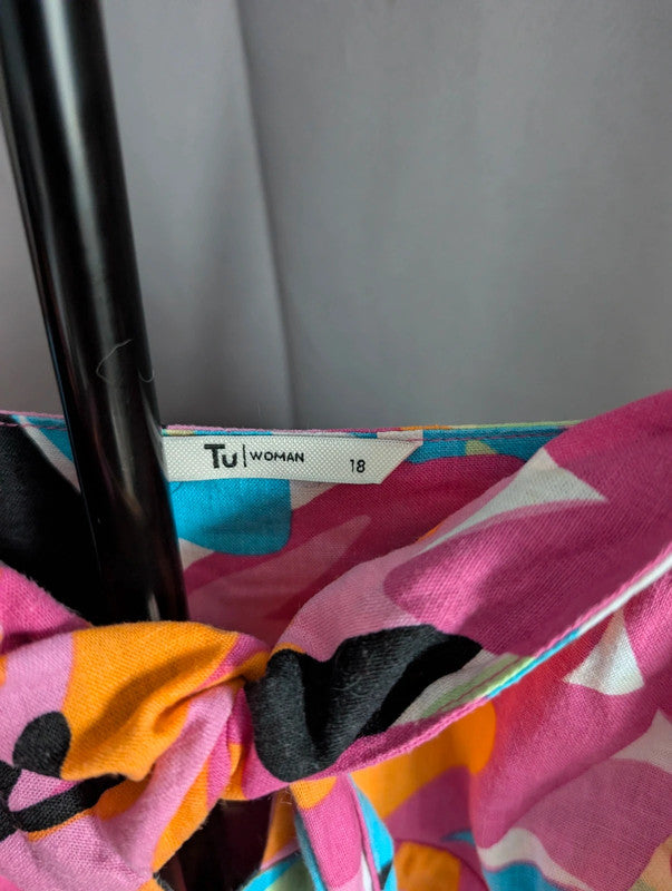 Tu Dress 18 Pink Linen Blend Tropical Floral Tie Front Summer Sundress Holiday