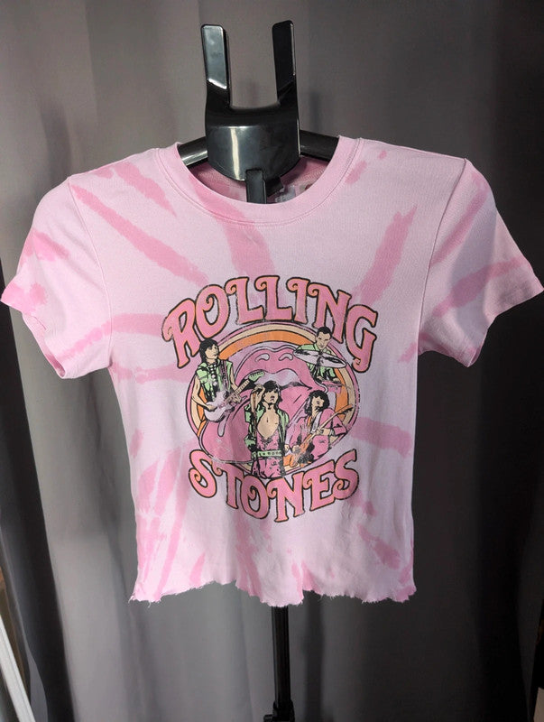 The Rolling Stones Band T Shirt Pink Tie Dye Crop Top H&M Divided Small Tee