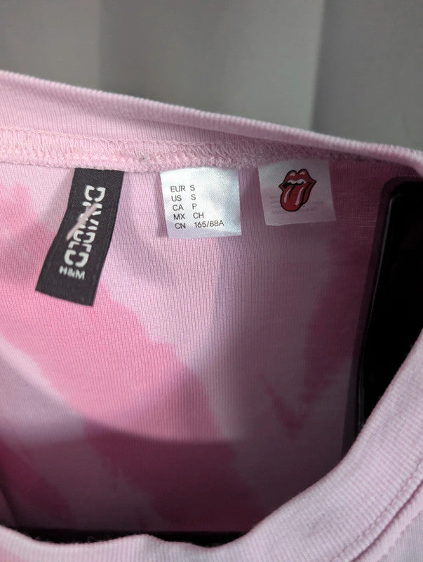 The Rolling Stones Band T Shirt Pink Tie Dye Crop Top H&M Divided Small Tee