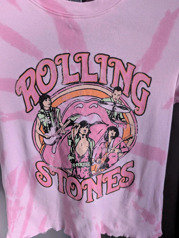 The Rolling Stones Band T Shirt Pink Tie Dye Crop Top H&M Divided Small Tee