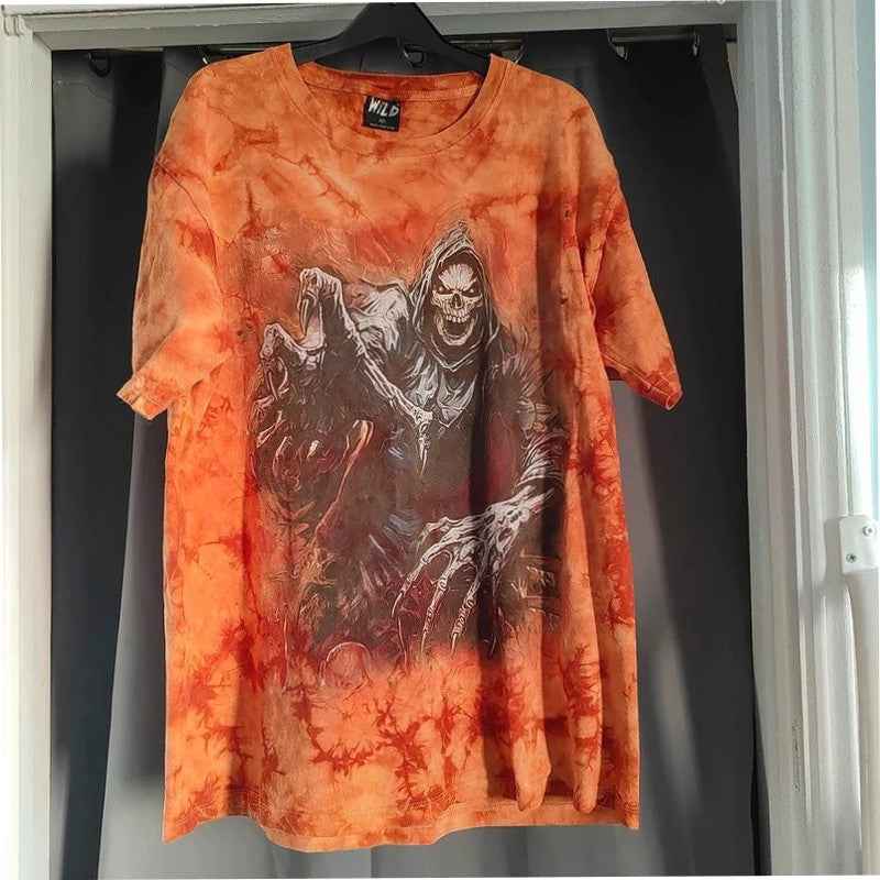 Wild orange and pink tie-dye graphic tee featuring double-sided Grim Reaper print.