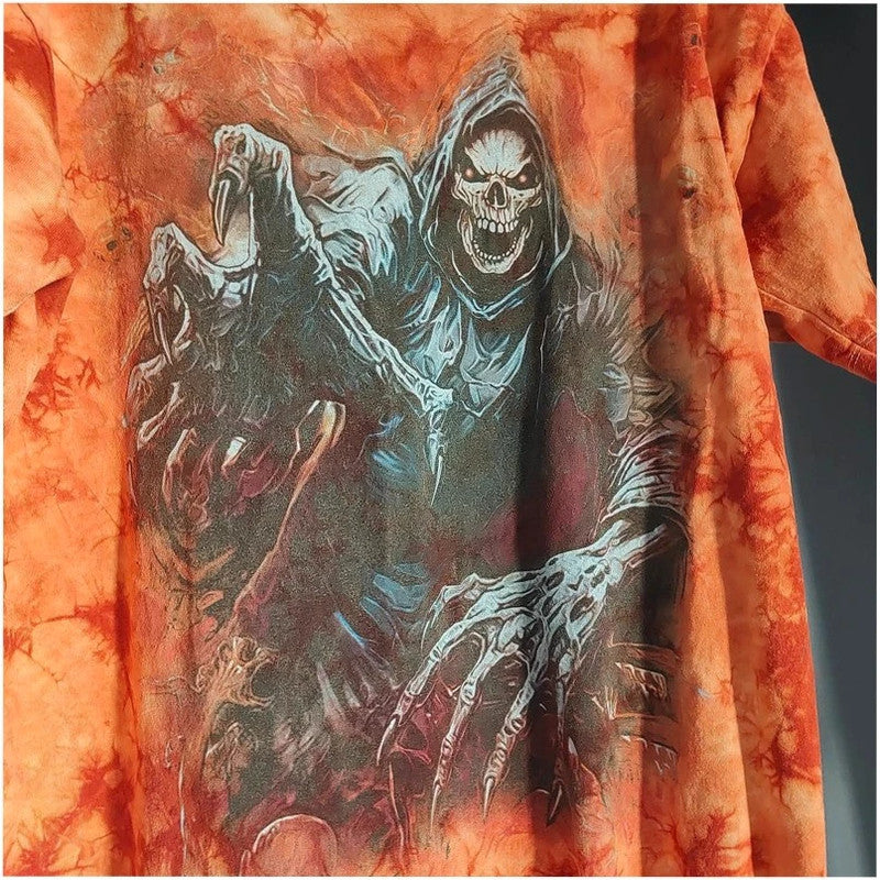 Wild orange and pink tie-dye graphic tee featuring double-sided Grim Reaper print.