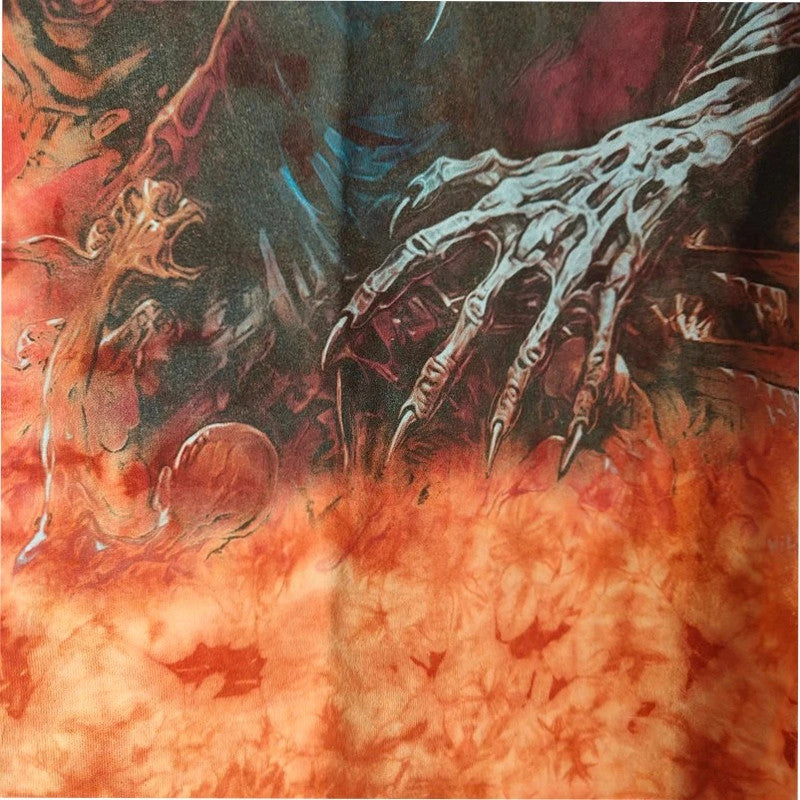 Wild orange and pink tie-dye graphic tee featuring double-sided Grim Reaper print.