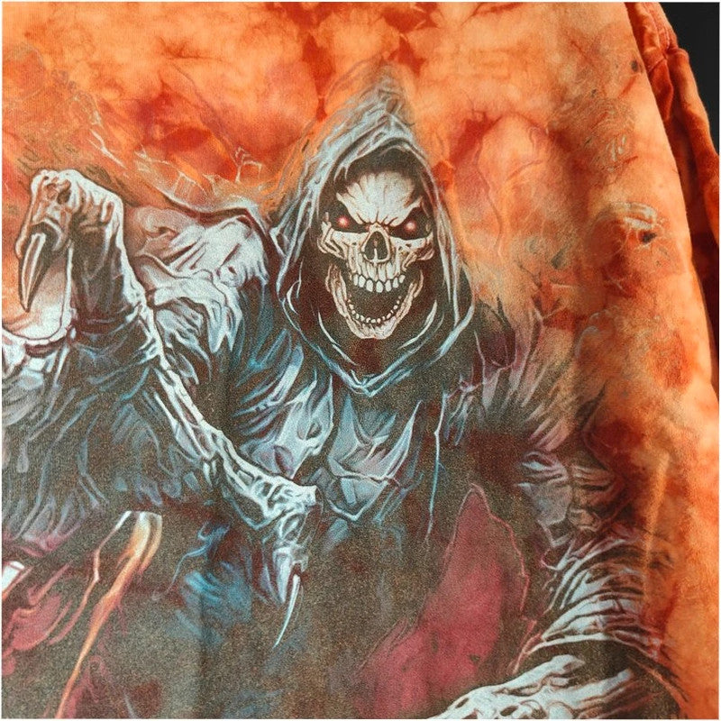 Wild orange and pink tie-dye graphic tee featuring double-sided Grim Reaper print.
