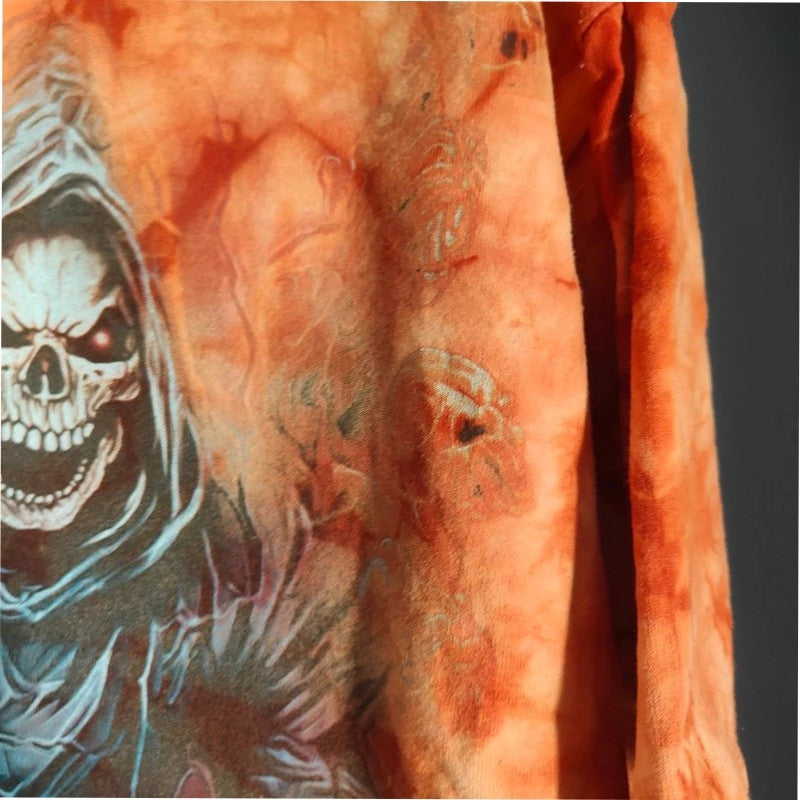 Wild orange and pink tie-dye graphic tee featuring double-sided Grim Reaper print.