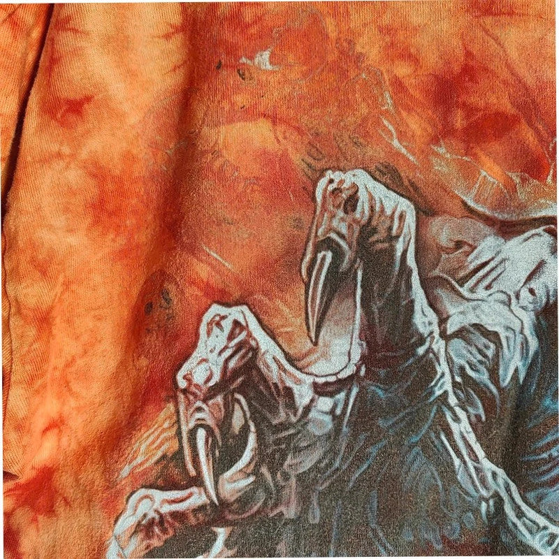 Wild orange and pink tie-dye graphic tee featuring double-sided Grim Reaper print.