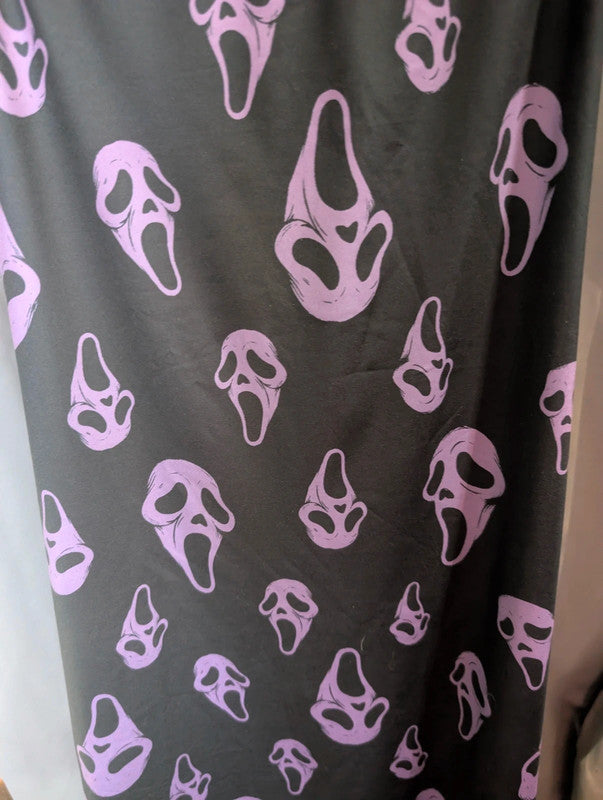 SHEIN black and purple cami slip dress with Ghostface mask pattern and adjustable straps.
