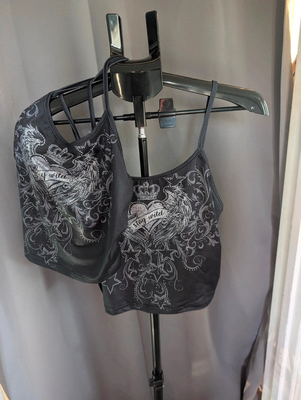 Gothic Grunge Crop Tops Bundle Black Mesh Tribal Butterfly Cross Cami Set UK 12 16