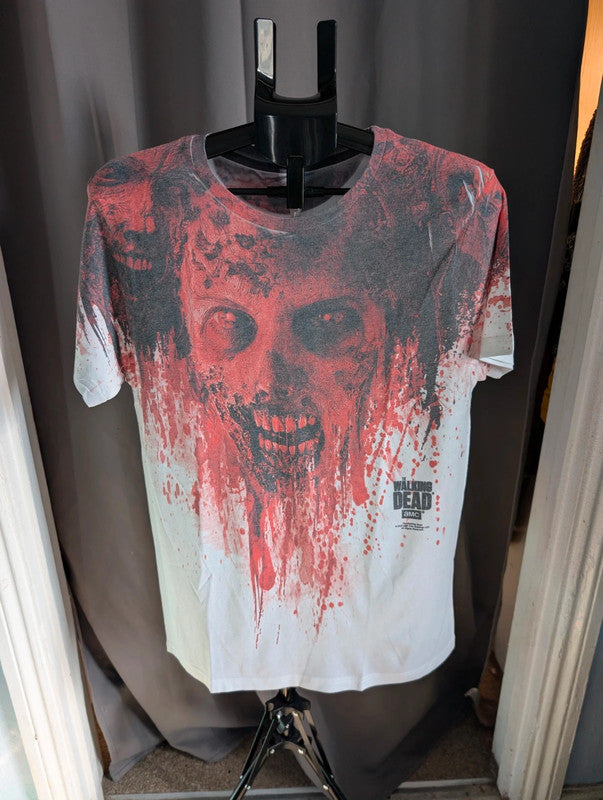 Official AMC The Walking Dead Zombie Graphic Print White Red Cotton Blend Tee M