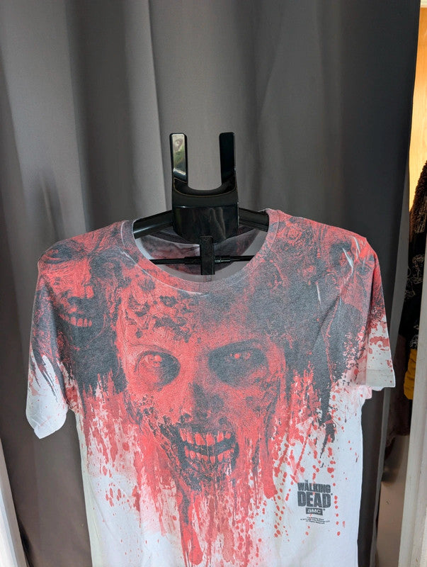 Official AMC The Walking Dead Zombie Graphic Print White Red Cotton Blend Tee M