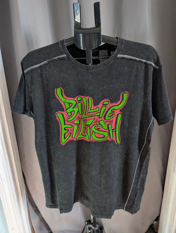 Official Billie Eilish T Shirt Black Acid Wash Neon Bloosh Graphic Top M Medium