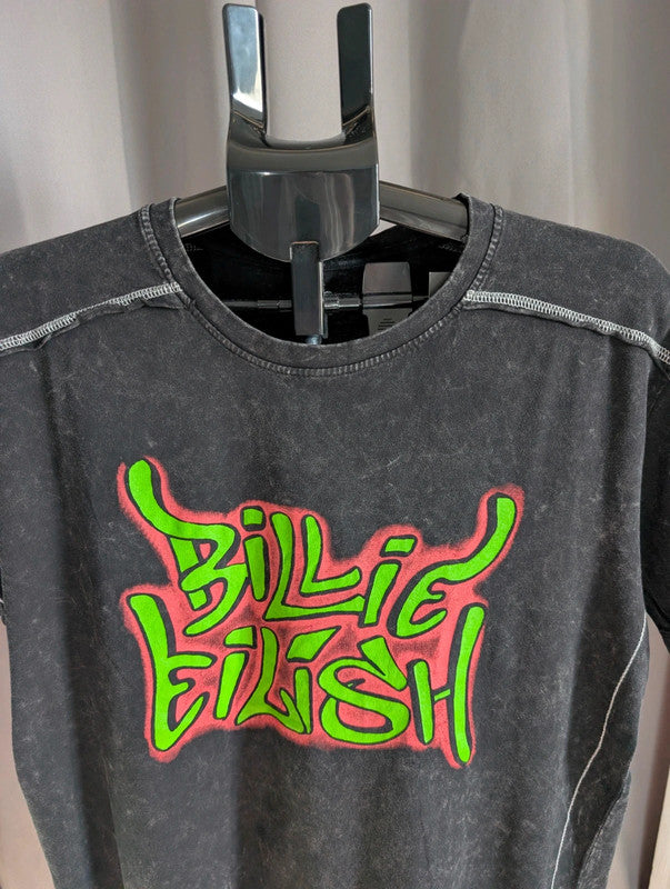 Official Billie Eilish T Shirt Black Acid Wash Neon Bloosh Graphic Top M Medium