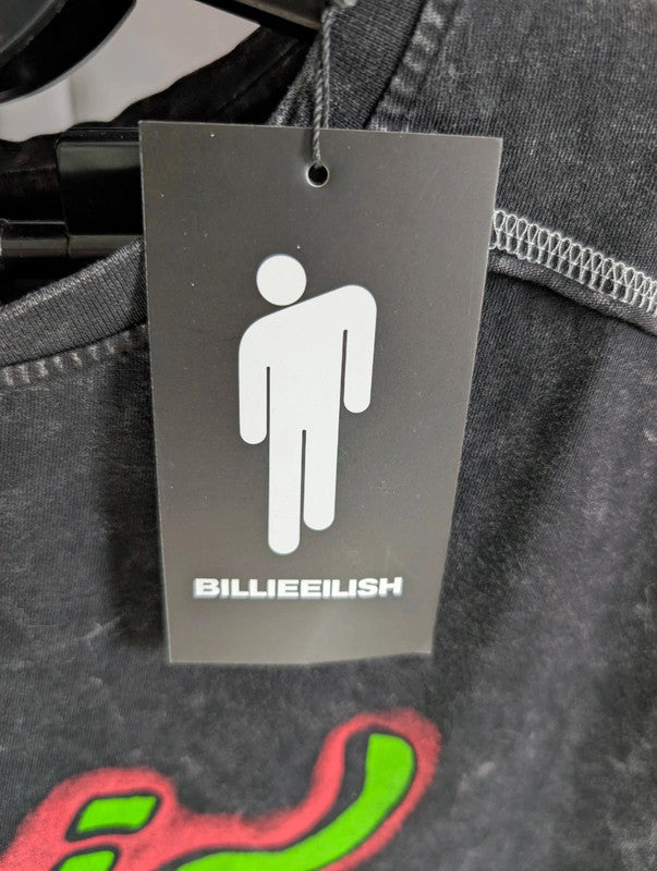 Official Billie Eilish T Shirt Black Acid Wash Neon Bloosh Graphic Top M Medium