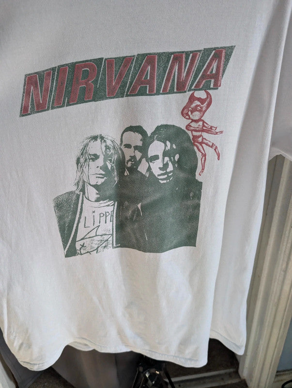 Official Nirvana Band T Shirt White Sliver Graphic Print Grunge Top XL Extra Large