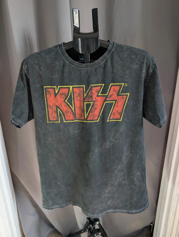 Official Kiss Band T Shirt Black Acid Wash Face Paint Graphic Rock Tee L Large