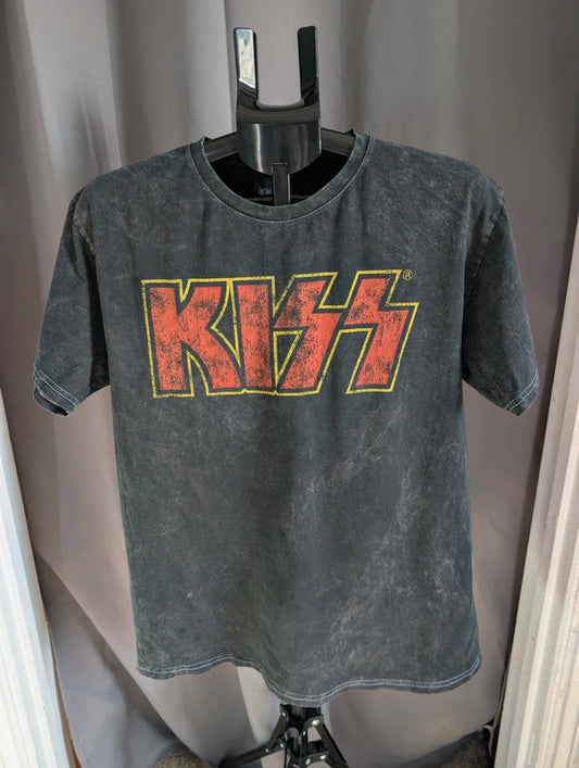 Official Kiss Band T Shirt Black Acid Wash Face Paint Graphic Rock Tee L Large