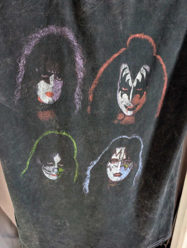 Official Kiss Band T Shirt Black Acid Wash Face Paint Graphic Rock Tee L Large