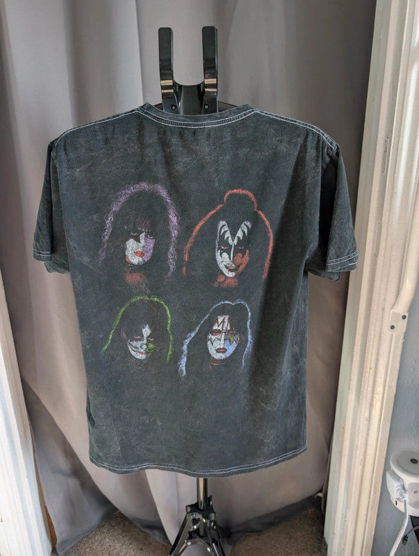 Official Kiss Band T Shirt Black Acid Wash Face Paint Graphic Rock Tee L Large