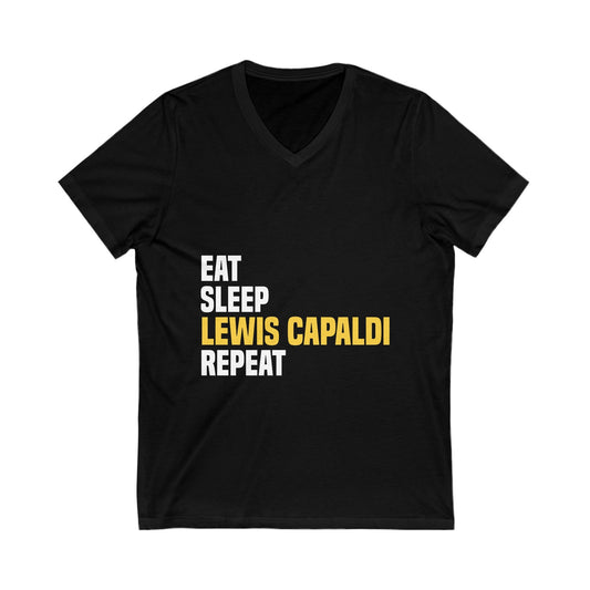 Lewis Capaldi Unisex Jersey Short Sleeve V-Neck Tee - Eat sleep Lewis Capaldi Repeat