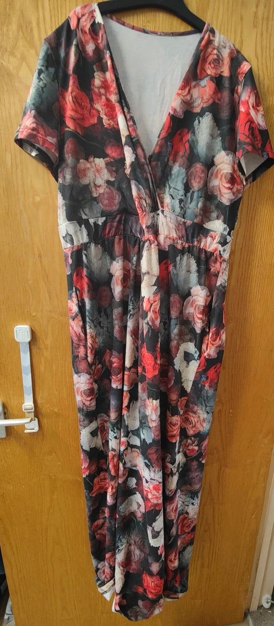 Black Floral Maxi Dress Wrap Style V Neck Short Sleeve Romantic Occasion Dress alcyone213k