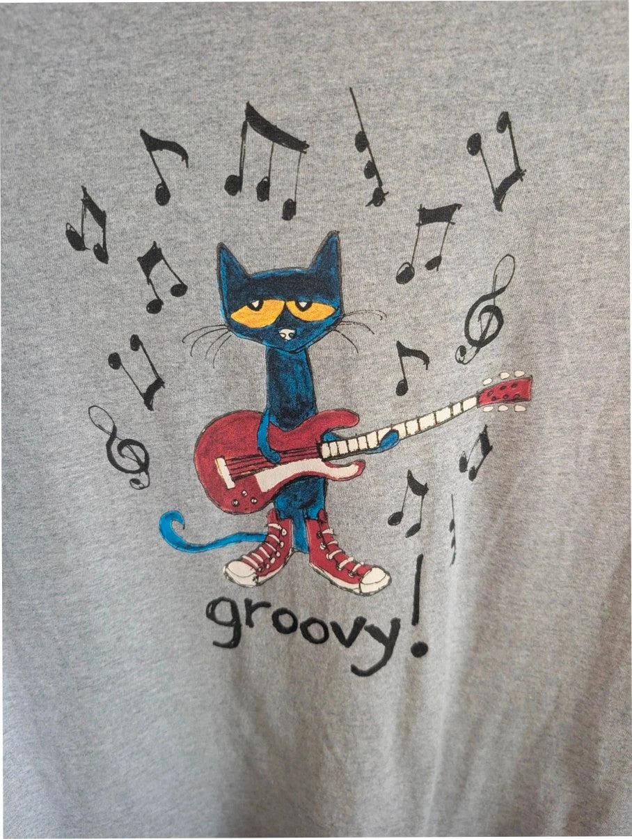 Cat & Jack grey graphic tee featuring Pete the Cat playing guitar with musical notes.