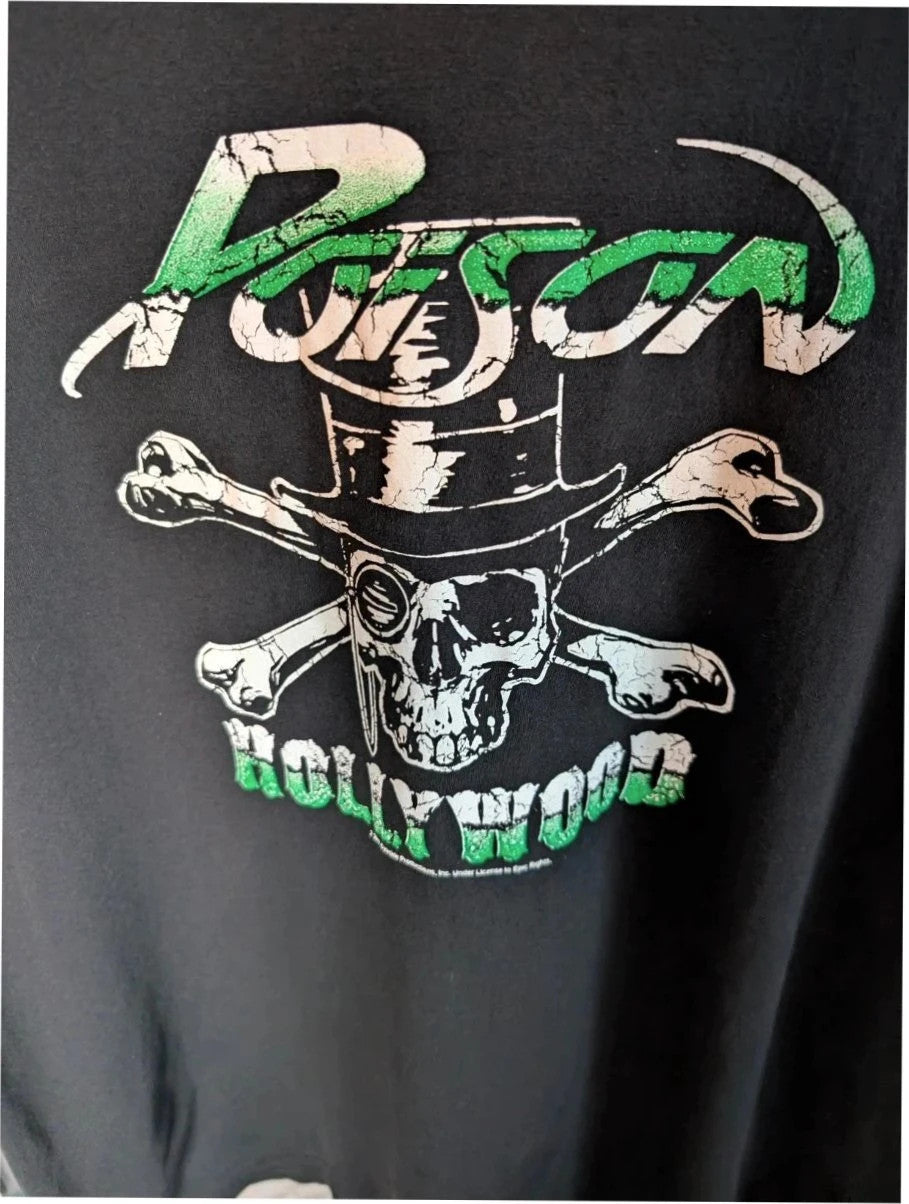 Poison black graphic tee featuring iconic skull and crossbones logo with green and white print.