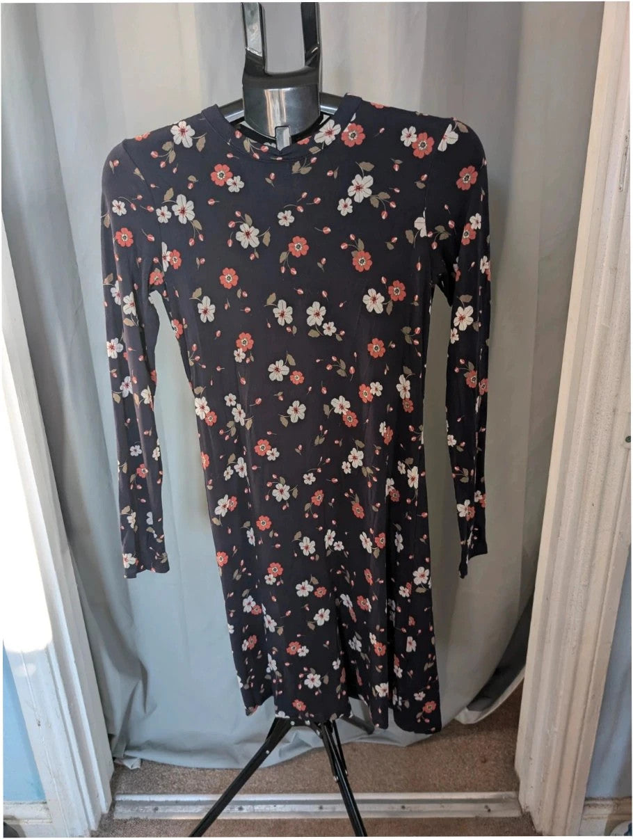 M&S COLLECTION navy blue floral mini dress with high neck and long sleeves.