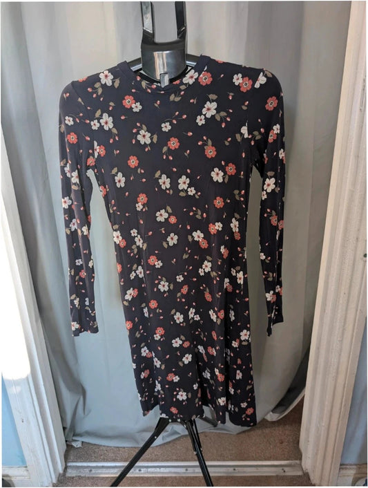 M&S COLLECTION navy blue floral mini dress with high neck and long sleeves.