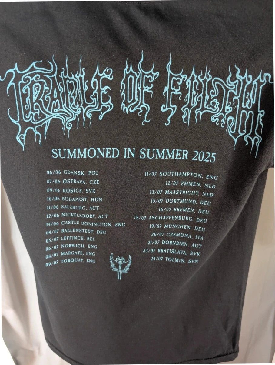Official Cradle Of Filth black graphic tee featuring band portrait and tour dates on back.