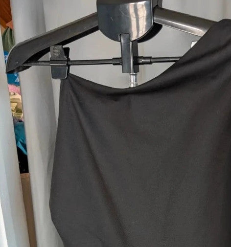 Boohoo black one shoulder mini dress with balloon sleeve and gathered wrap detail.