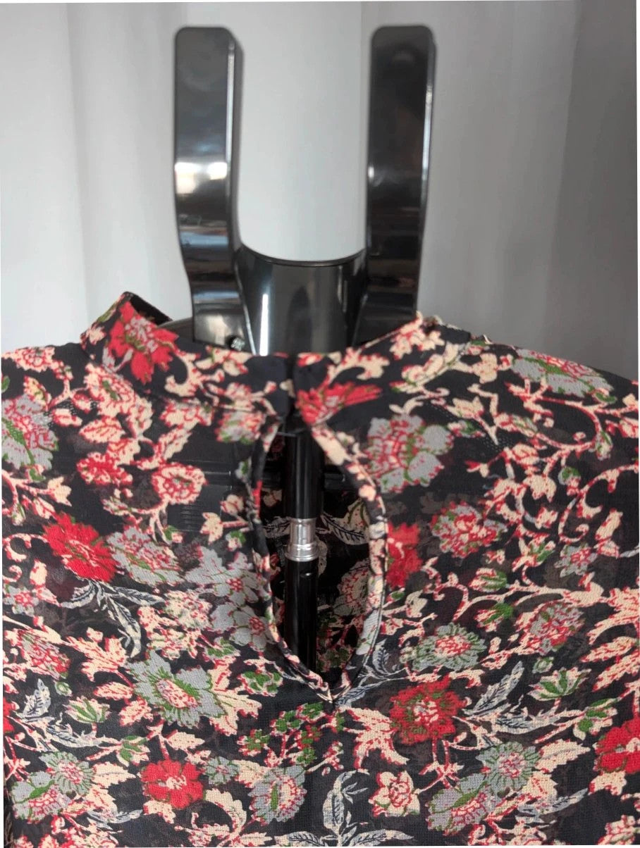Zara black floral chiffon tunic blouse with tiered ruffle bib and crochet lace details.