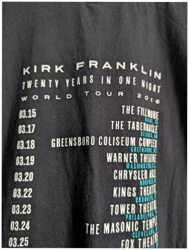 Gildan black graphic tee featuring colorful Kirk Franklin photo and tour date list.