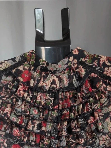 Zara black floral chiffon tunic blouse with tiered ruffle bib and crochet lace details.