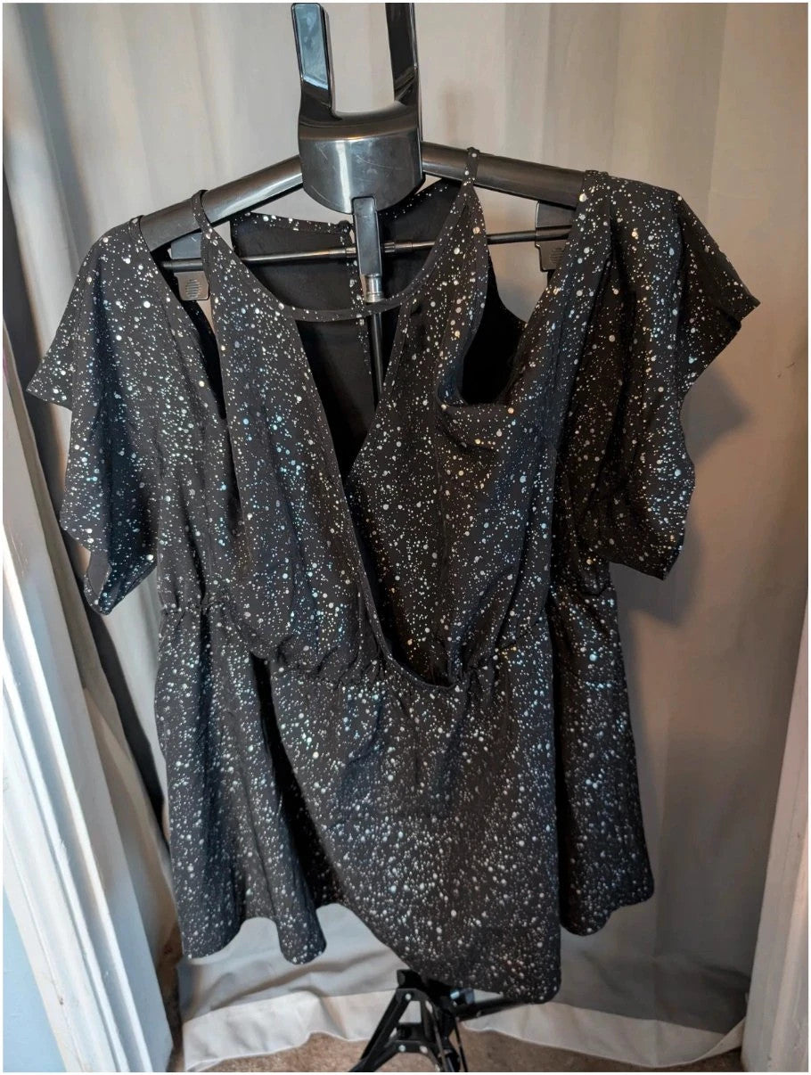 Shein Curve black cold shoulder blouse with silver shimmer, V-neckline and flutter sleeves.