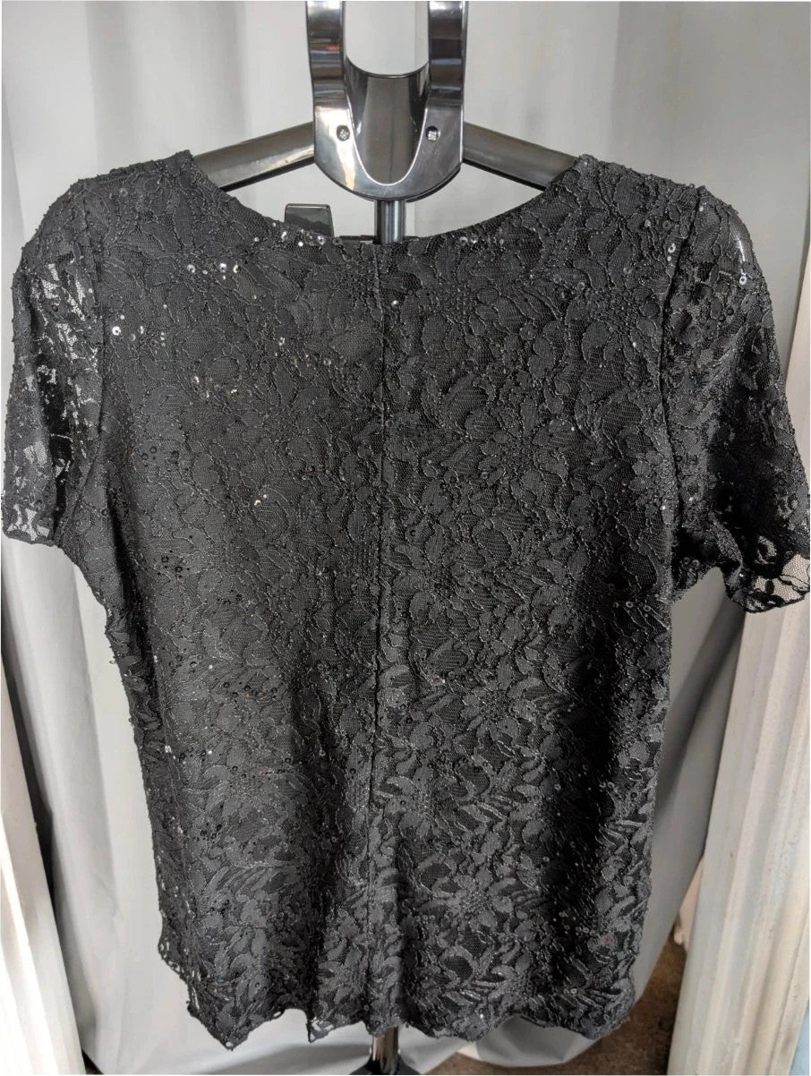 Luxe By Yours black floral lace sequin top with scoop neckline and scallop-edged hem.