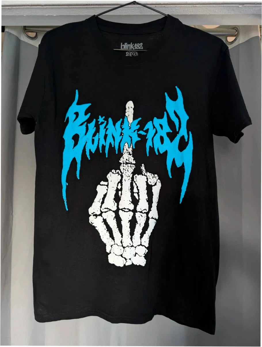 Blink 182 black graphic tee with blue skeleton middle finger design and crew neck.