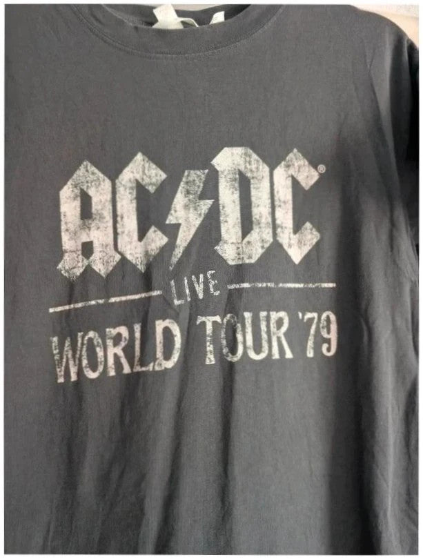 AC/DC black graphic t-shirt with distressed lightning bolt tour print, crew neck, cotton blend.