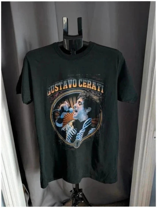 Gustavo Cerati black graphic t-shirt with vibrant print and white lettering, 100% cotton.