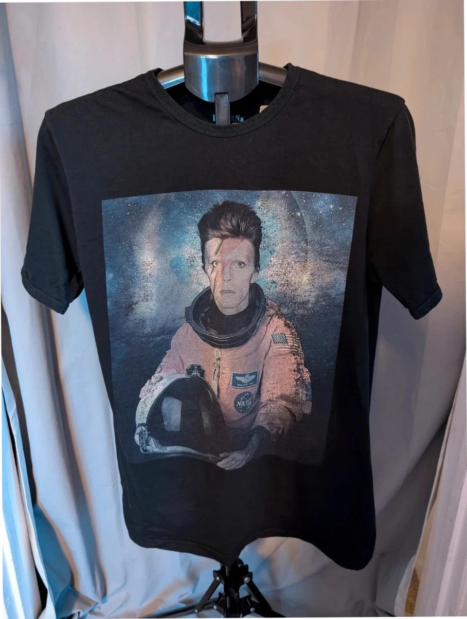 LaBarNa black graphic t-shirt featuring Ziggy Stardust lightning bolt astronaut print.