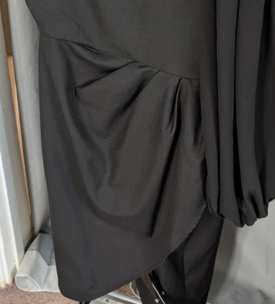 Boohoo black one shoulder mini dress with balloon sleeve and gathered wrap detail.