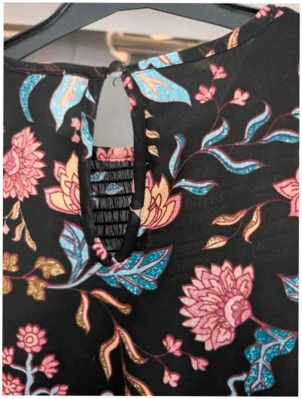 New Look black floral smock dress with bell sleeves and ruffle cuffs, semi-sheer chiffon.