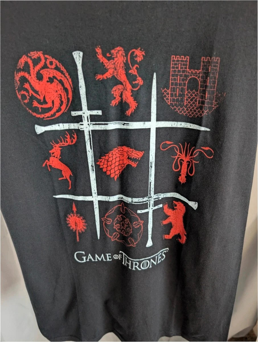 Game Of Thrones graphic tee black with red house sigils and crossing swords print.