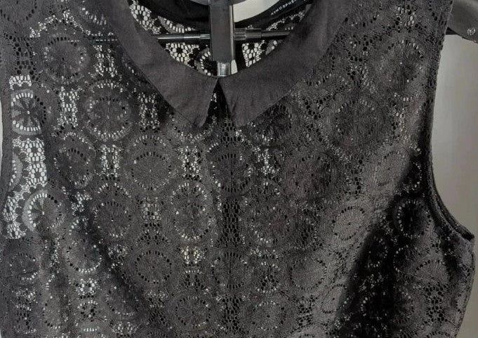Atmosphere black sleeveless top sheer lace floral pattern Peter Pan collar detail
