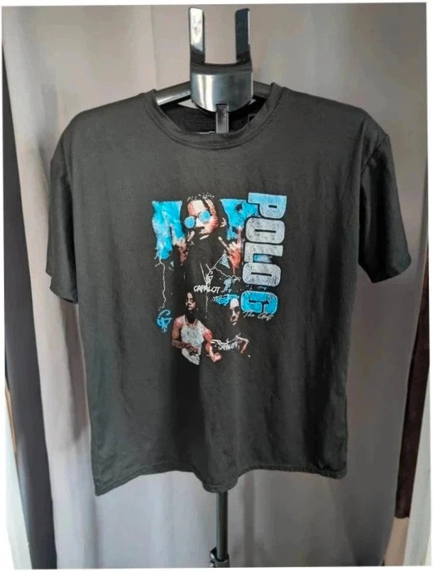 Unbranded black graphic vest featuring vibrant blue Polo G portrait print and classic crew neck.
